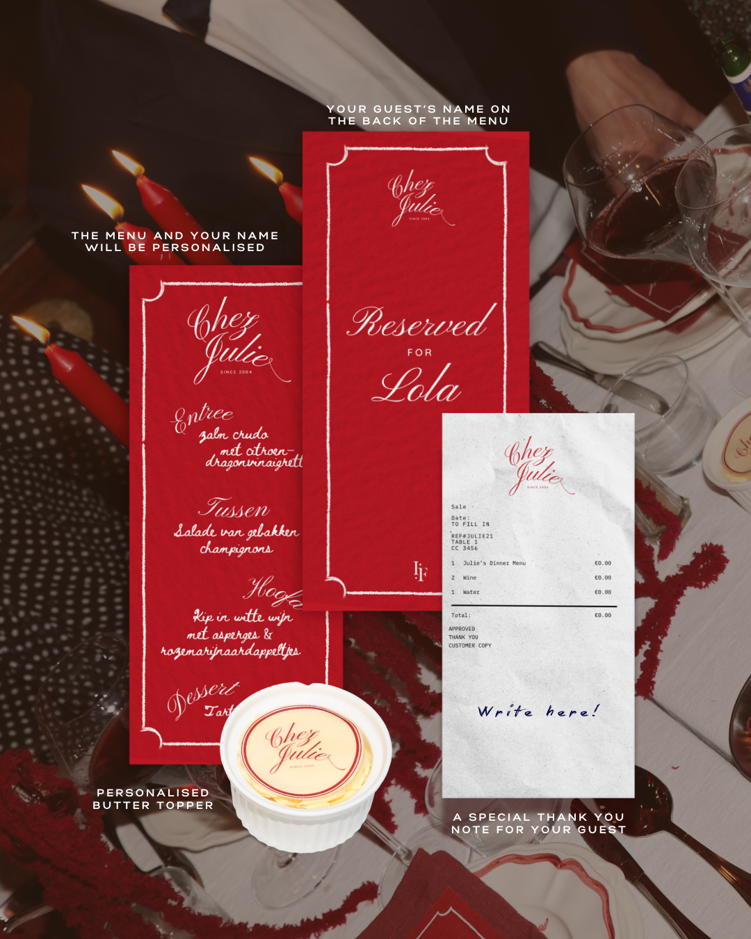 Chez Jules table styling – personalized red menus, guest name cards, butter topper and deep red tablescape accents by Imaginary Friends.
